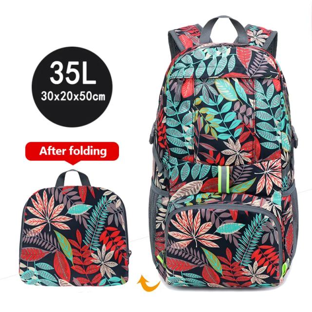 Mochila Dobrável Leve 35L à Prova d'Água para Acampamento e Viagens - Impressão Sólida e Armazenamento Prático