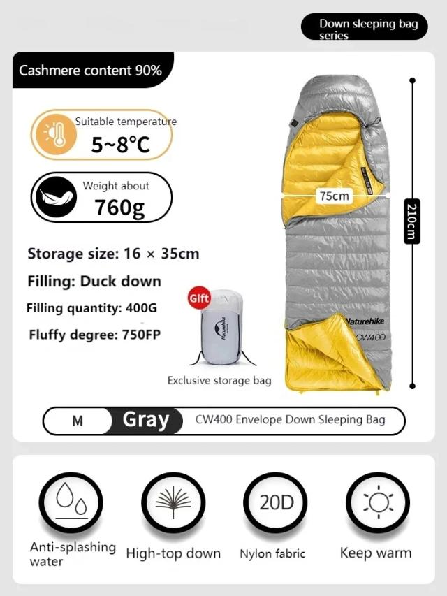 Saco de Dormir Naturehike Envelope Térmico Impermeável para Camping - Duvall 750FP CW400 para Inverno