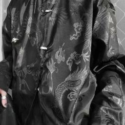 Novo estilo chinês dragão padrão jacquard camisa de seda para homens casual fivela de metal maçante preto estético neutro solto-ajuste camisa - Image 2