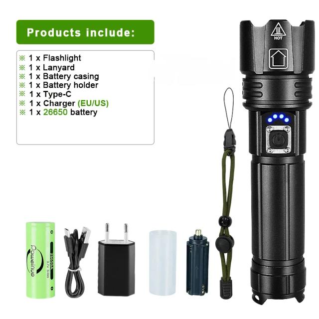 Lanterna LED Recarregável de Alta Potência com Carregamento USB - Tocha de Trabalho 1500m, 500W e 600W