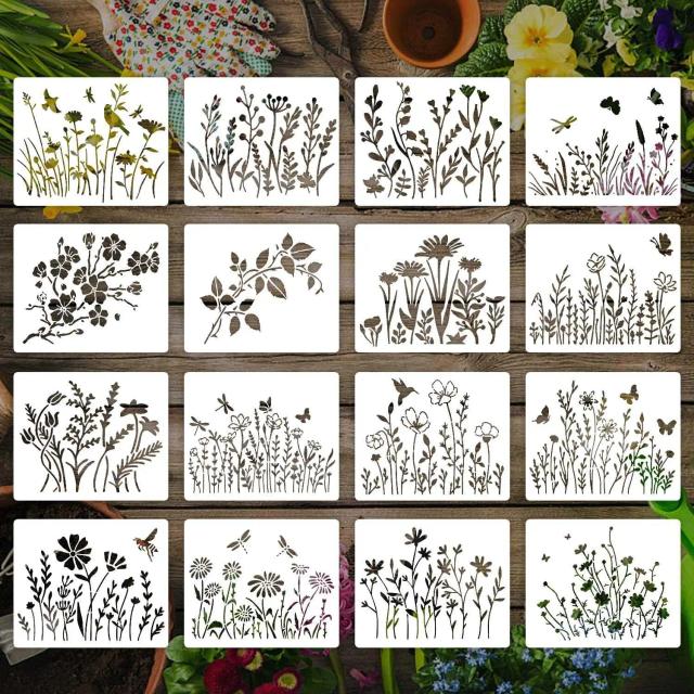 Conjunto de 8/16/30 Estênceis Reutilizáveis para Pintura em Madeira - Modelos Floral e Folhas para Projetos DIY