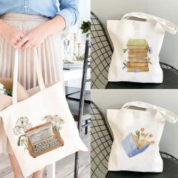 Livros florais aguarela tote sacos literatura pressionado flores água cor máquina de escrever aquarela ilustração totes eco saco - Image 1