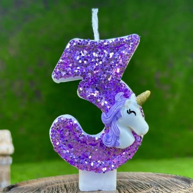 Vela de Aniversário Unicórnio para Crianças com Números e Espumante Roxo - Toppers para Bolo e Decoração de Festa