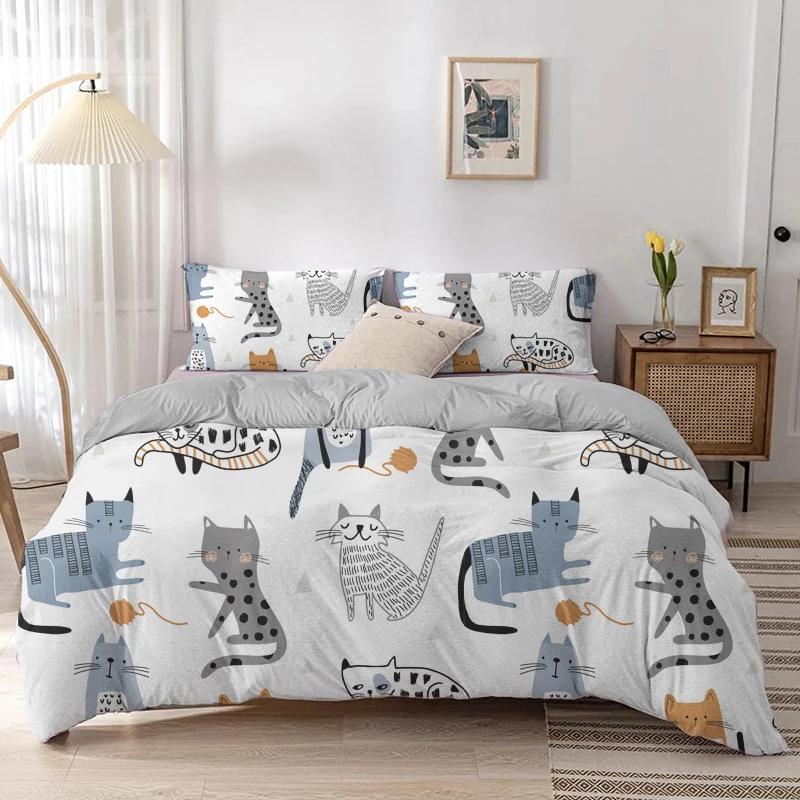 Gato dos desenhos animados conjunto de capa de edredão para animais de estimação gato capa de edredão bonito gatinho neon luz gato conjunto de cama 3d amante do gato colcha capa 2/3pcs - Image 1