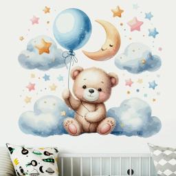 Adesivos de parede para quarto infantil, decoração do quarto do bebê, decalques de parede, aquarela, desenhos animados, ursinho de pelúcia, nuvem, estrelas, balão - Image 4