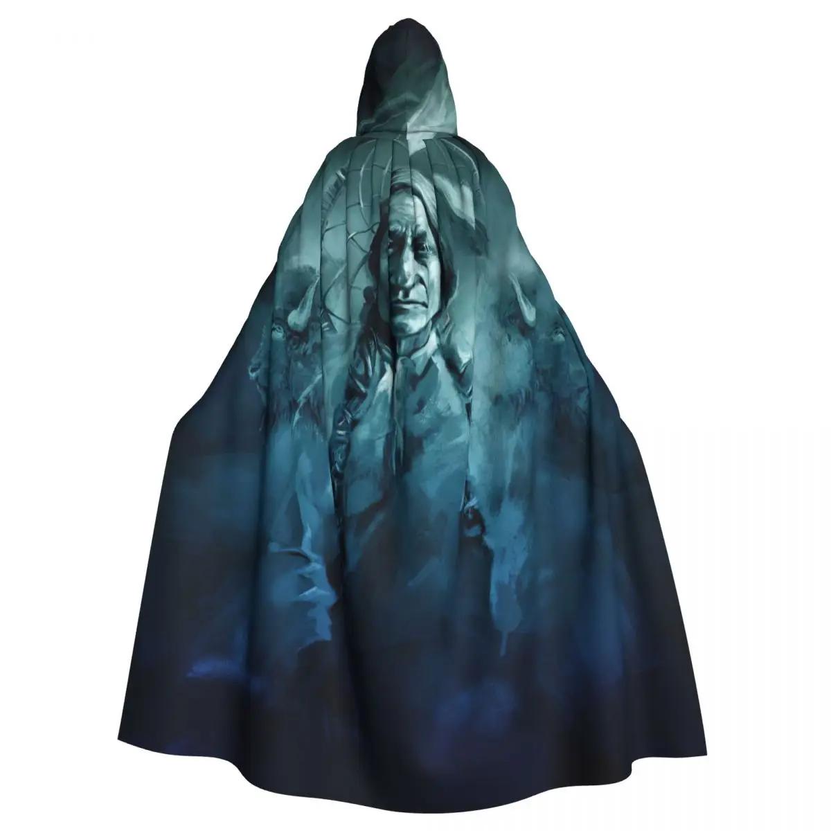 Manto com capuz de touro nativo americano para homens e mulheres, cosplay de festa de Halloween, longo manto de bruxaria - Image 1
