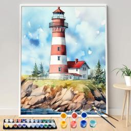 Pintura por números à mão farol para adulto, kit de pintura acrílica diy, beira-mar, presente para decoração de casa - Image 2