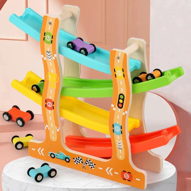 Conjunto de Pista de Corrida de Madeira Montessori Brinquedo Educativo para Crianças