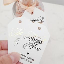 Etiquetas personalizadas do presente do casamento, etiquetas brancas do papel de embalagem, favor personalizado frustrado do partido do ouro, etiquetas da caixa dos doces com furo, 100pcs - Image 2