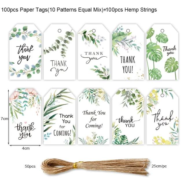 Cartões de Agradecimento Florais com Cordas - Pacote de 100 Tags de Papel Impresso para Presentes e Festas