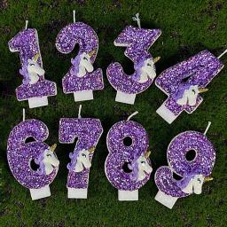 Vela de aniversário do unicórnio para crianças, número velas, espumante roxo, bolo Toppers, decoração do partido - Image 1
