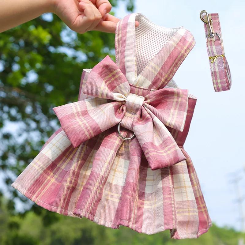Vestido JK xadrez com trela para cães pequenos, gatos, roupas de gatinho, vestidos de cachorro e gato, roupas de verão, moda - Image 1