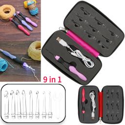 Crochet Ganchos com Luz LED, Agulhas De Tricô, Conjunto De Ferramentas De Costura, DIY, Camisola De Tecelagem, Acessórios De Costura, USB, 9 em 1 - Image 1