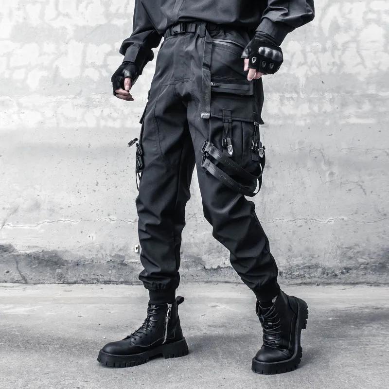 Calças de paraquedista tático com cinto de fita masculino, calças cargo casual Hip Hop Street, bolsos múltiplos, elástico na cintura, roupa elástica, 2023 - Image 1