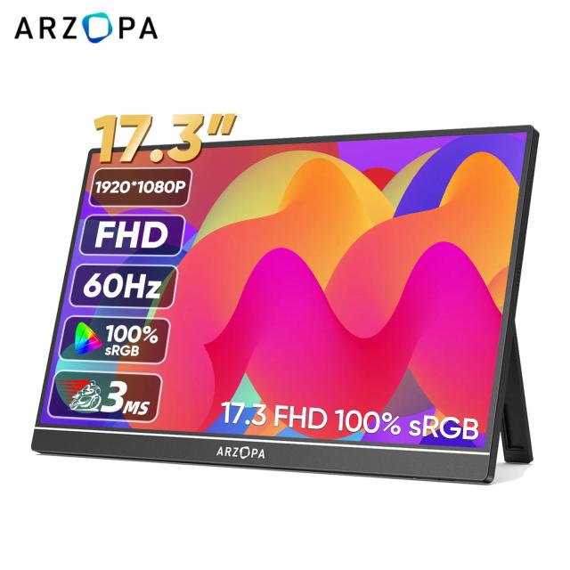 Novo Monitor Portátil ARZOPA 17.3" 100% sRGB FHD com Tela IPS, Conexões USB-C e HDMI, Ideal para Laptops, Consoles e Mais, com Suporte Embutido