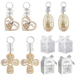 Lembrancinhas para batismo, chaveiro de madeira com cruz para convidados, bolsa de presente de organza, caixa de presente adequada para lembrancinhas de festa de casamento - Image 1