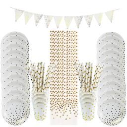 Louça Descartável Conjunto para Festa de Aniversário e Casamento, Prato De Papel, Copo, Guardanapo, Rosa, Preto, Branco, Ponto Dourado, Toalha De Mesa, Suprimentos - Image 1