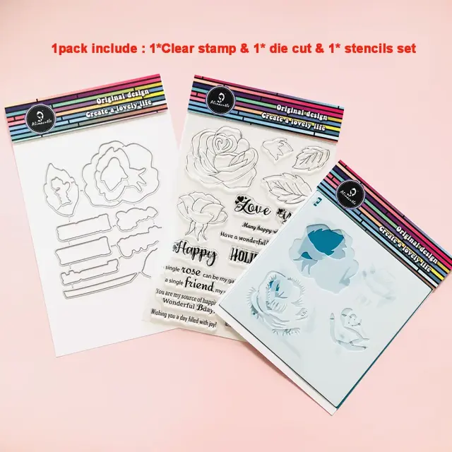 Corte de Metal para Scrapbooking: Matriças, Selos Transparentes e Stencils de Flores Rosa para Artesanato em Papel