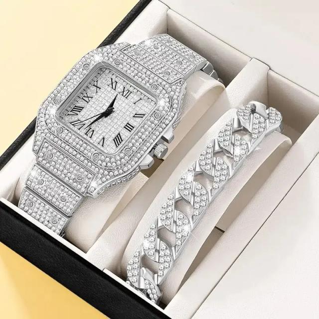 Conjunto Luxuoso de Relógio e Pulseira de Strass para Mulheres Diamond Gold