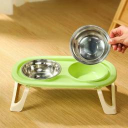 Bacia dupla de aço inoxidável com suporte, alimentador dobrável para gato, cachorro e cachorro, prato de alimentação de água, bebedouro - Image 1