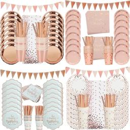 Conjunto de utensílios descartáveis para crianças e adultos, prato e copo de papel, decoração de casamento e aniversário, ouro rosa, chuveiro do bebê - Image 1