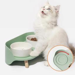 Gato duplo tigela de segurança com suporte de madeira e esteira de silicone gatinho filhote de cachorro alimentos alimentação de água elevada prato suprimentos de cão à prova de derramamento - Image 6