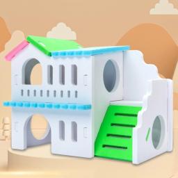 Hamster casa de madeira aninhamento habitat pequenos animais coloridos jogar cabana villa mastigar brinquedos para hamster anão sono 2 cores gaiola de rato - Image 3