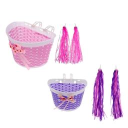 Guiador de bicicleta e scooter com borla e cesta trançada para crianças, cesta tecida, acessórios de bicicleta, flâmula, rosa, crianças - Image 1