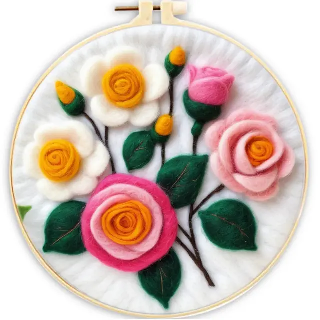 Kit de Lã Feltro para Feltragem com Moldura, Agulhas e Flores - DIY Artesanato Engraçado para Bordados