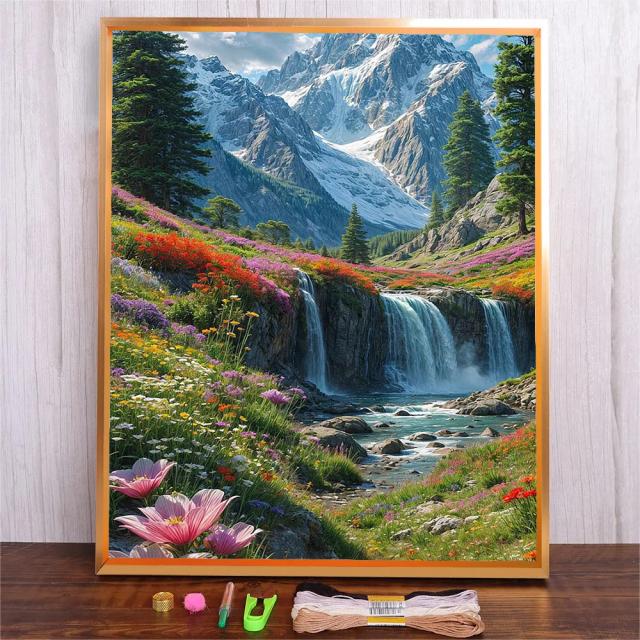 Conjunto de Bordado Ponto Cruz Artesanal com Motivo de Montanha e Cachoeira para Decoração de Parede, DIY 11CT e 14CT