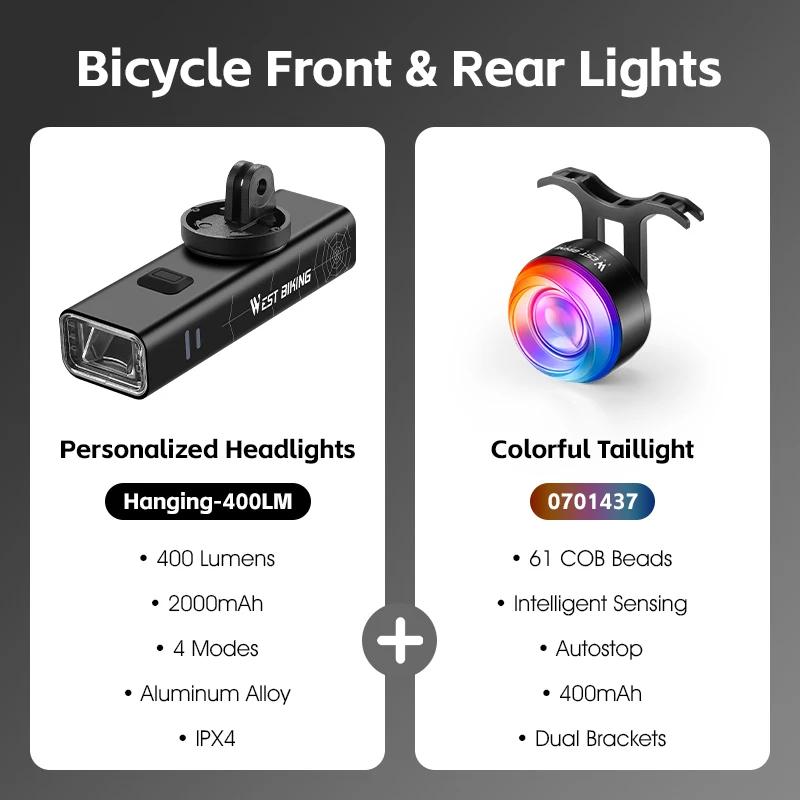 Conjunto de Luzes de Ciclismo 400/600/800LM Bike Regular/Pendurado Luz Frontal Spiderweb Padrão Sensor de Freio Colorido Luz Traseira - Image 1