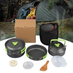 Conjunto de panelas de acampamento ao ar livre, piquenique cozinhar conjunto, panela, frigideira, chaleira, tigela de plástico, colher, pá de arroz, loofah, 9pcs - Image 1