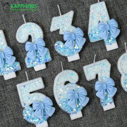 Vela De Aniversário De Sparklers Para Meninas, Decor De Bolo, Decoração De Festa, Nó De Arco Azul, Número, 1 Ano - Image 4