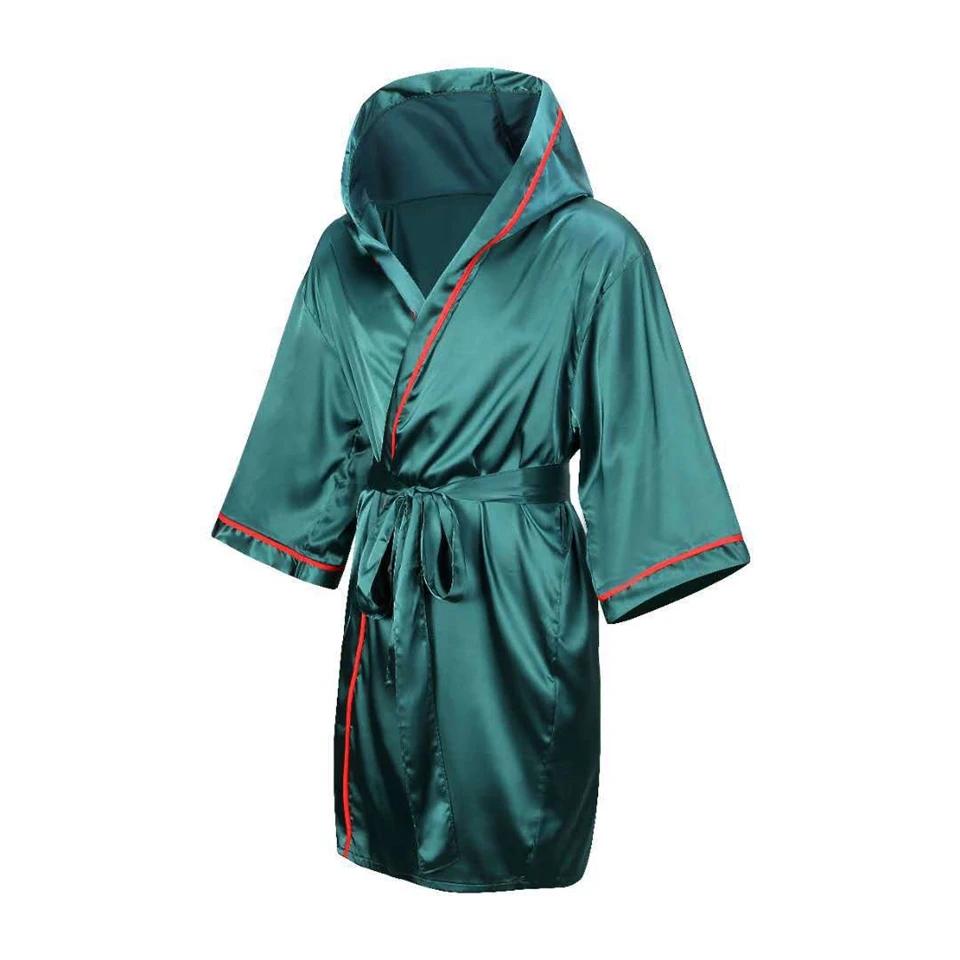 Roupa de boxe com capuz verde cetim de seda adulto artes marciais kickboxing jogo treinamento vestido manto dos homens das mulheres muay thai mma uniforme - Image 1