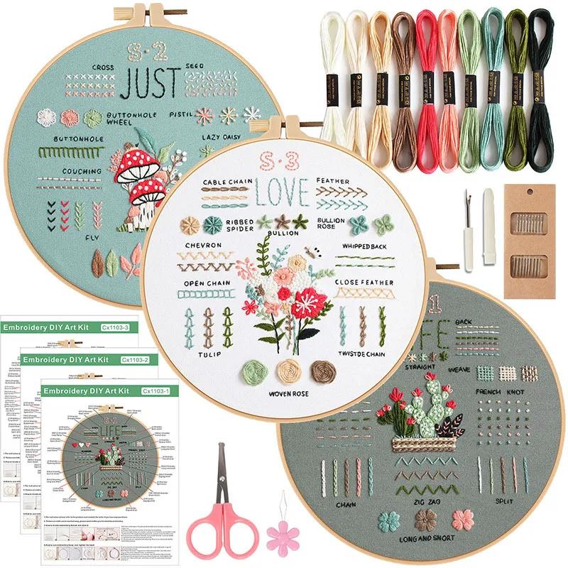 3 conjuntos de kit de bordado para iniciantes e adultos aprendem diferentes pontos kits diy incluem ferramentas de linhas coloridas com padrão de flor estampada - Image 1