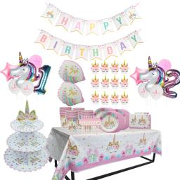 Conjunto de utensílios de mesa descartáveis para festa temática de unicórnio, guardanapos, banner, chá de bebê, menina, 1, 2, 3 anos, suprimentos de decoração de festa de aniversário - Image 1