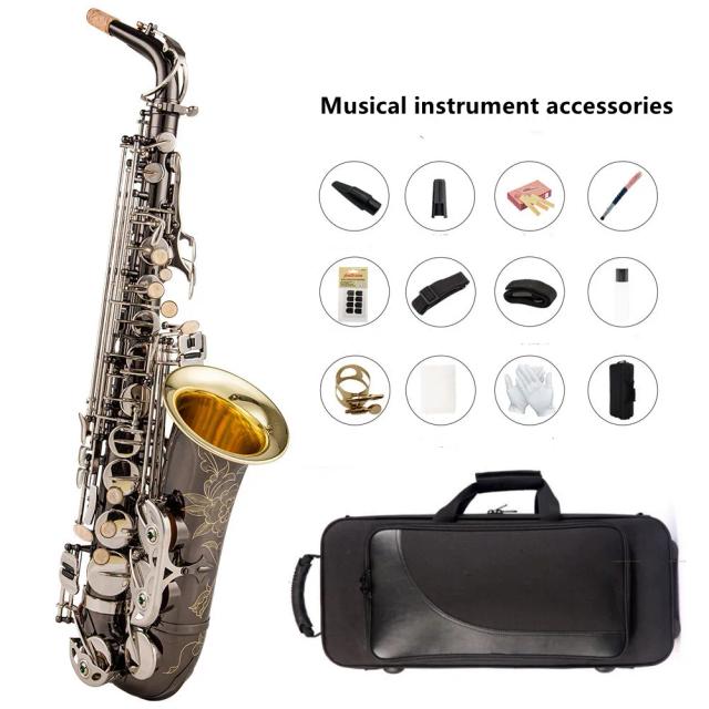 Saxofone Tenor E-Flat em Black Nickel com Campana Dourada, Bocal em Prata e Acessórios de Pescoço para Músicos