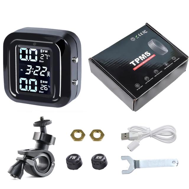 Display LCD Sem Fio para Motocicleta TPMS com Testador de Temperatura, Sistema de Alarme de Pressão de Pneus e 2 Sensores à Prova d'Água