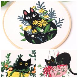 Bordados Starter Kit para iniciantes, ponto cruz, ferramentas de bordado, conjunto redondo, artesanato de costura, gato, flor, grama, bricolage, 30cm - Image 3