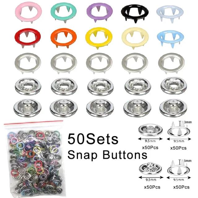 Conjunto Completo de 50/100 Botões de Pressão Metálicos com Alicate de Fixação e Ferramentas para DIY em Artesanato e Costura