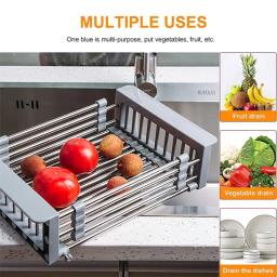 Escorredor De Prato De Aço Inoxidável Ajustável, Sink Drain Rack, Frutas e Vegetais Drain Basket, Cozinha Extensível Secagem Rack, 1Pc - Image 2