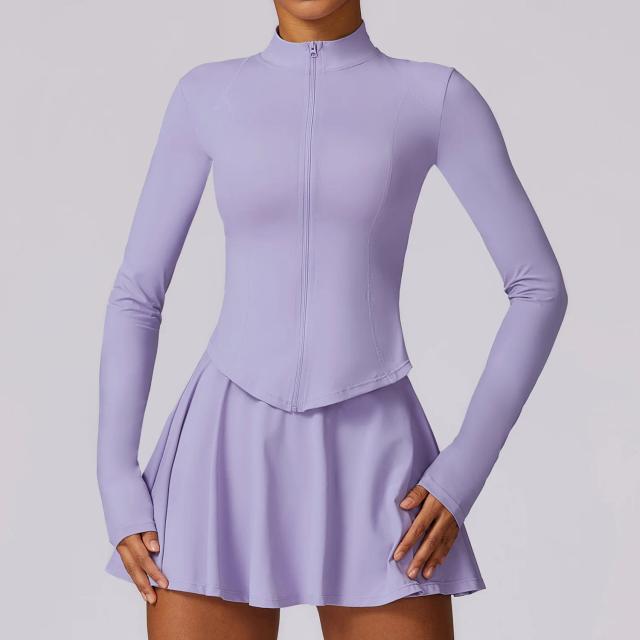 Roupa de Treino Elástica Feminina para Yoga e Fitness, Saias Curtas e Mangas Compridas