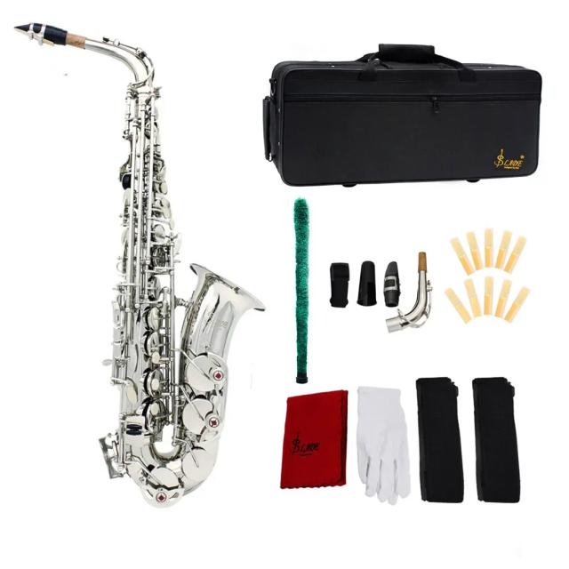 Saxofone Alto SLADE Prateado Eb com Estojo, Reeds, Luvas e Acessórios Inclusos