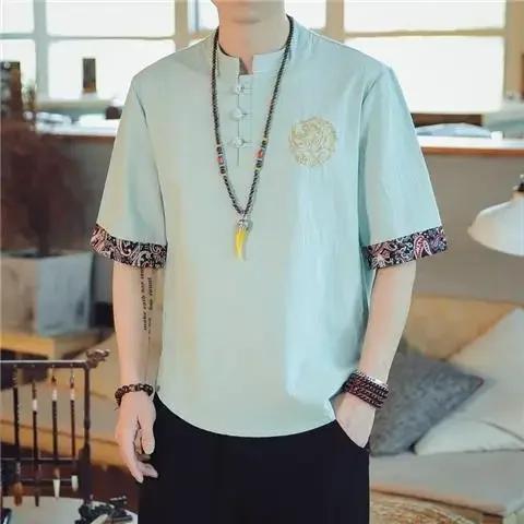 Estilo chinês masculino verão fino algodão linho manga curta camiseta bordado guindaste design solto ajuste botão-up camisa casual