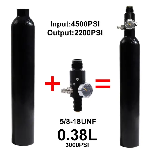Garrafa de Alta Pressão HPA de Alumínio 0.38L com Válvula Reguladora para CO2 Refrigerantes - 3000psi, 200Bar, 380cc, Rosca 5/8"-18UNF