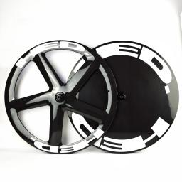 Conjunto de rodas de fibra de carbono para pista/estrada 700c, para bicicletas de estrada, dianteiro, cinco raios/roda a disco traseira, freios a disco fechados/rodas de freio de aro - Image 1