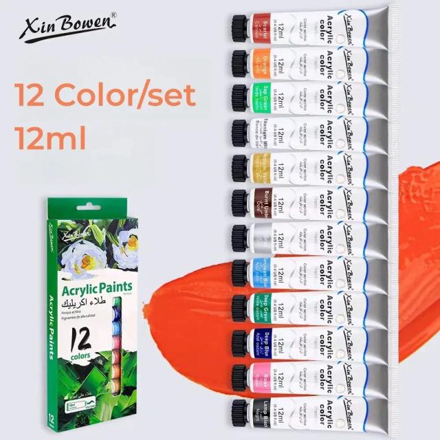 Conjunto de Tinta Acrílica Xin Bowen 12ml com 12 Cores para Roupas, Vidros e Unhas - Pintura à Prova d'Água e Materiais de Arte de Alta Qualidade