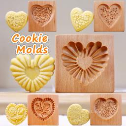Moldes De Biscoito De Madeira Com Padrões De Coração E Flores, DIY Esculpido, Cortador De Biscoitos Em Relevo, Moldes Para Assar, Bolo Fondant, Biscoito, 1Pc - Image 1