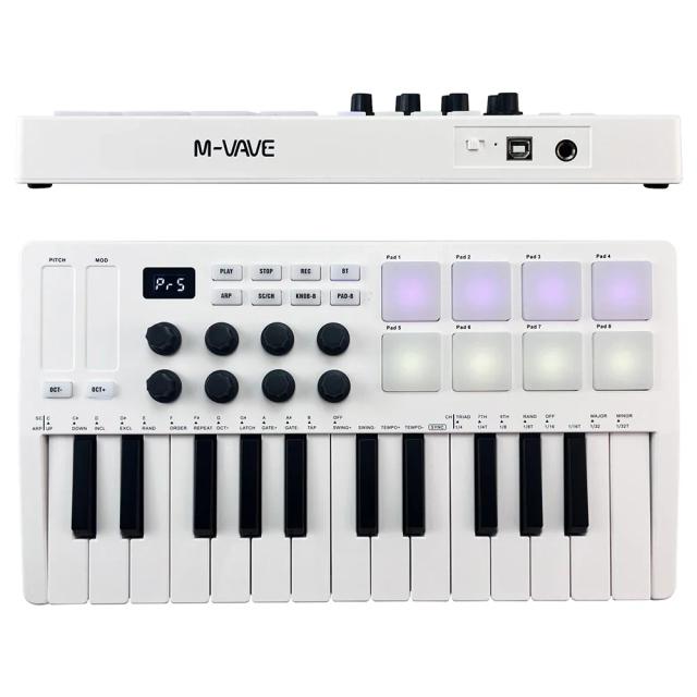 Teclado Midi Portátil M-VAVE-25 com 8 Pads de Bateria Retroiluminados, 8 Botões e Teclas RGB Sensíveis ao Toque