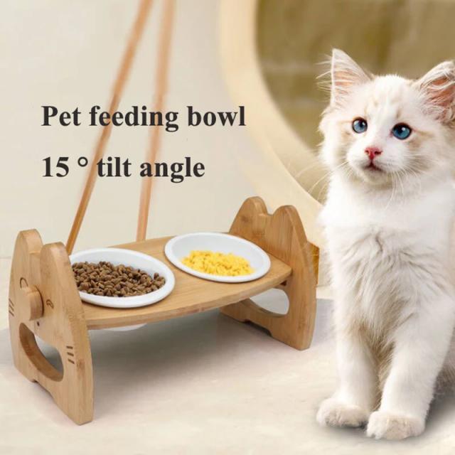 Tigela dupla de cerâmica com suporte de madeira para cães e gatos, inclinação ajustável e proteção para o pescoço